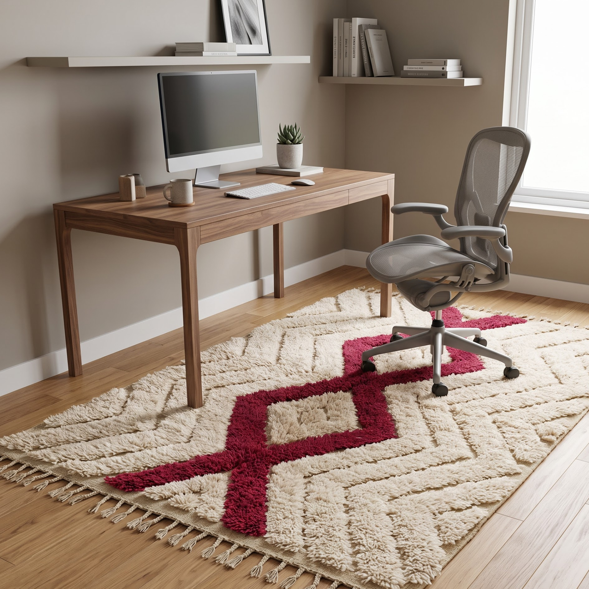 Handmade Moroccan Textured Wool Rug with Ruby Red Diamond | High-Low Atlas Berber Carpet