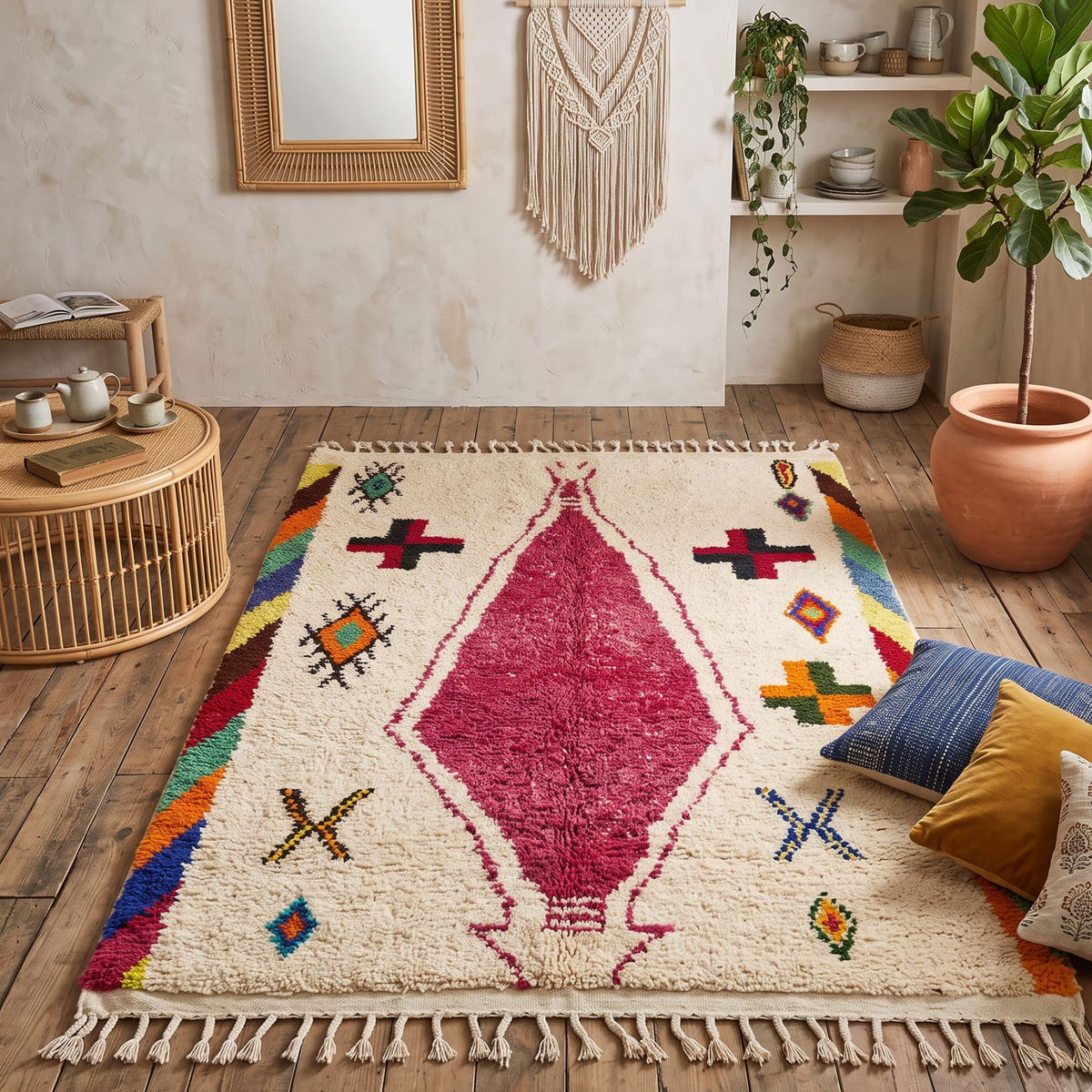 Handmade Moroccan Wool Rug Azilal Style | Magenta Centerpiece & Tribal Cross Symbols on Cream Atlas Carpet