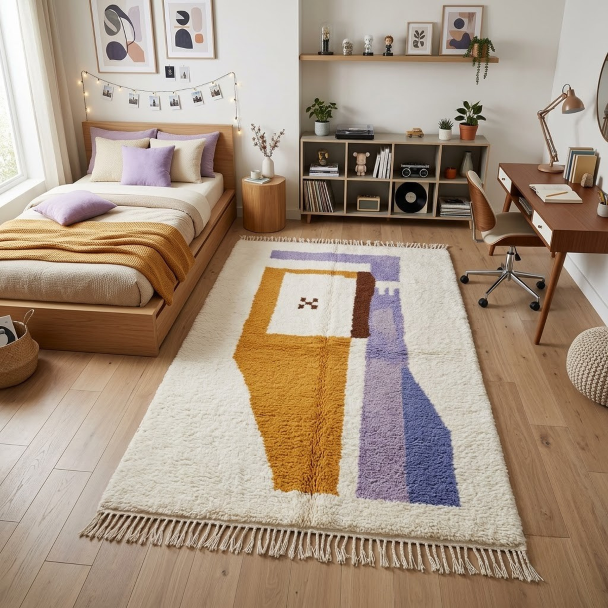 Handmade Moroccan Wool Rug Azilal Style | Abstract Minimalist Color Block in Lavender, Ochre & Cream Atlas Carpet