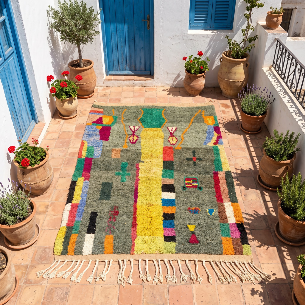 Handmade Moroccan Wool Rug Azilal Style | Sage Olive Green with Tree of Life & Berber Motifs Atlas Carpet