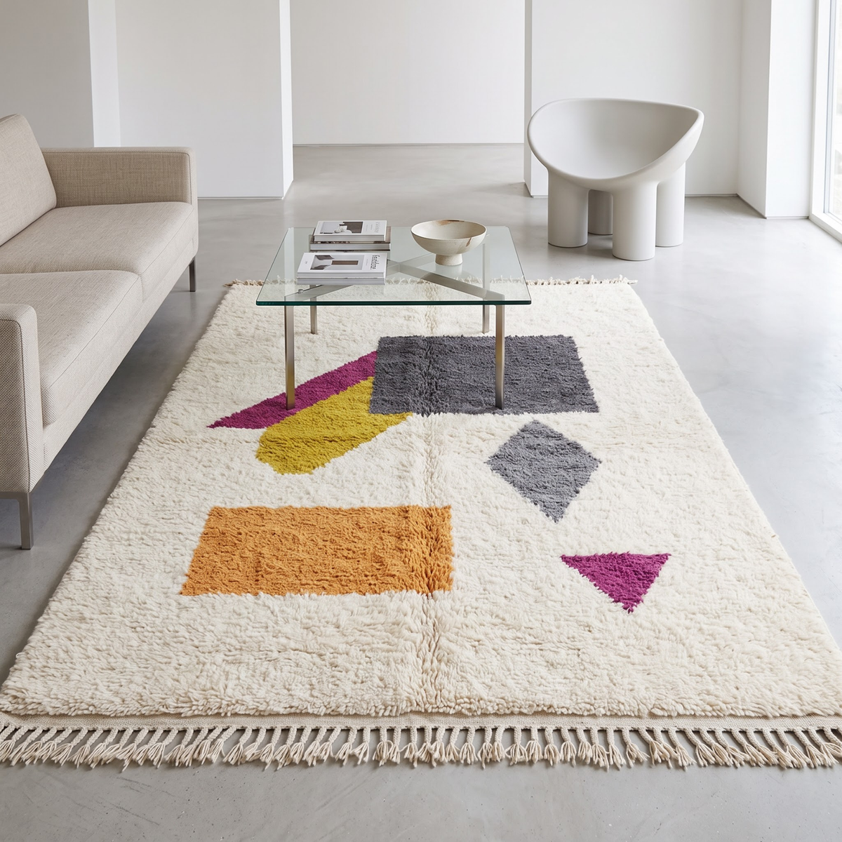 Handmade Moroccan Wool Rug Abstract Geometric Color Block | Modern Bauhaus Inspired Atlas Berber Carpet
