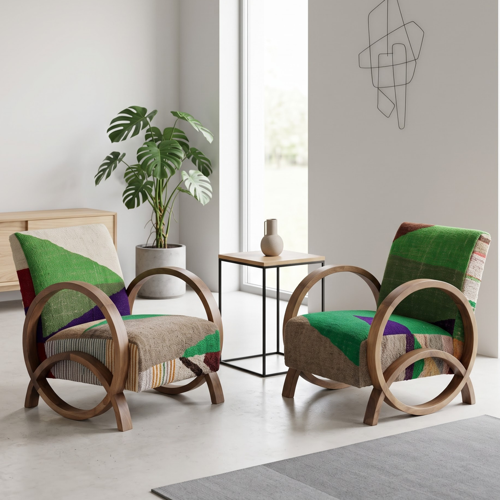 Handmade Moroccan Solid Walnut Bentwood Armchair – Emerald Green Kilim Fabric