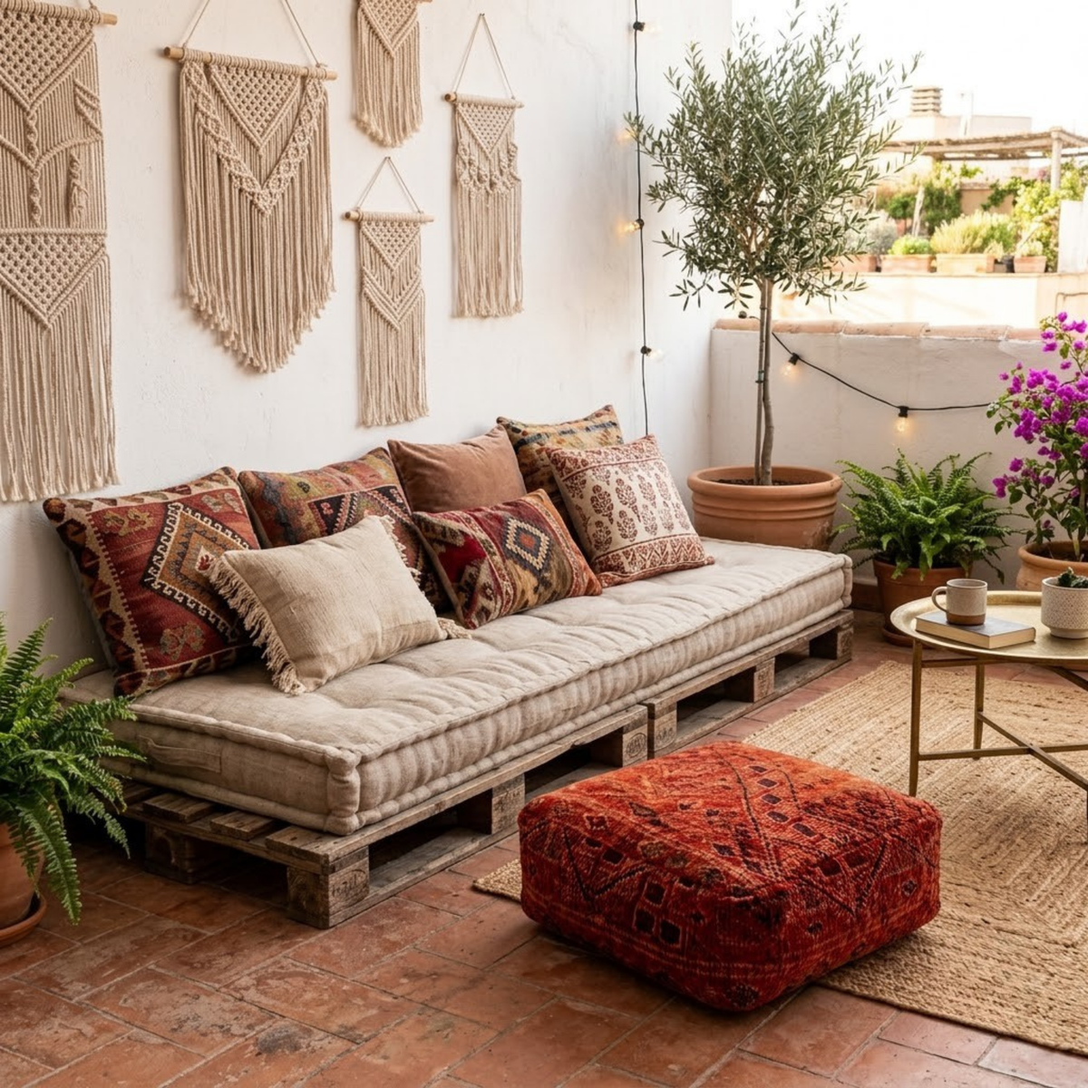 Vintage Rust Terracotta Boujad Berber Floor Pouf 60x60x20 cm – Authentic Handmade Moroccan Wool Floor Cushion