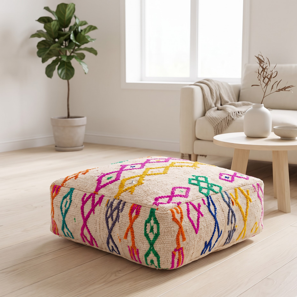 Multicolor Azilal Berber Floor Pouf 60x60x20 cm – Authentic Handmade Moroccan Off-White Wool Ottoman
