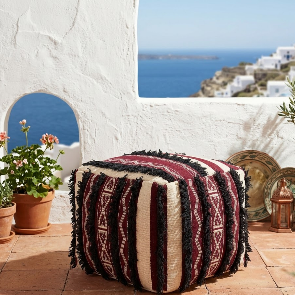 Burgundy and Cream Berber Floor Pouf with Black Fringe 45x45 cm – Authentic Handmade Moroccan Cube Ottoman