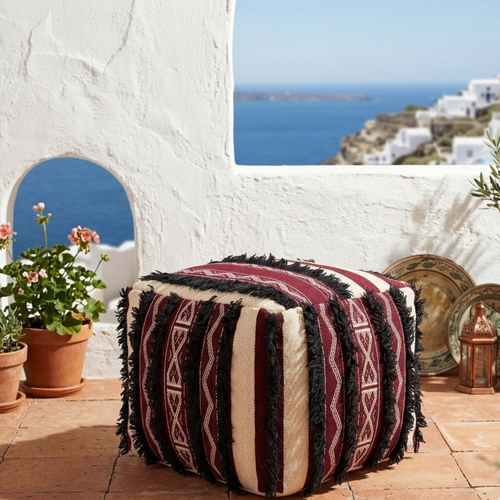 Burgundy and Cream Berber Floor Pouf with Black Fringe 45x45 cm – Authentic Handmade Moroccan Cube Ottoman