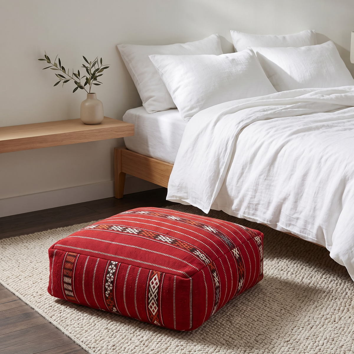 Crimson Red Kilim Berber Floor Pouf 60x60x20 cm – Handmade Moroccan Square Cushion with Tribal Geometric Motifs