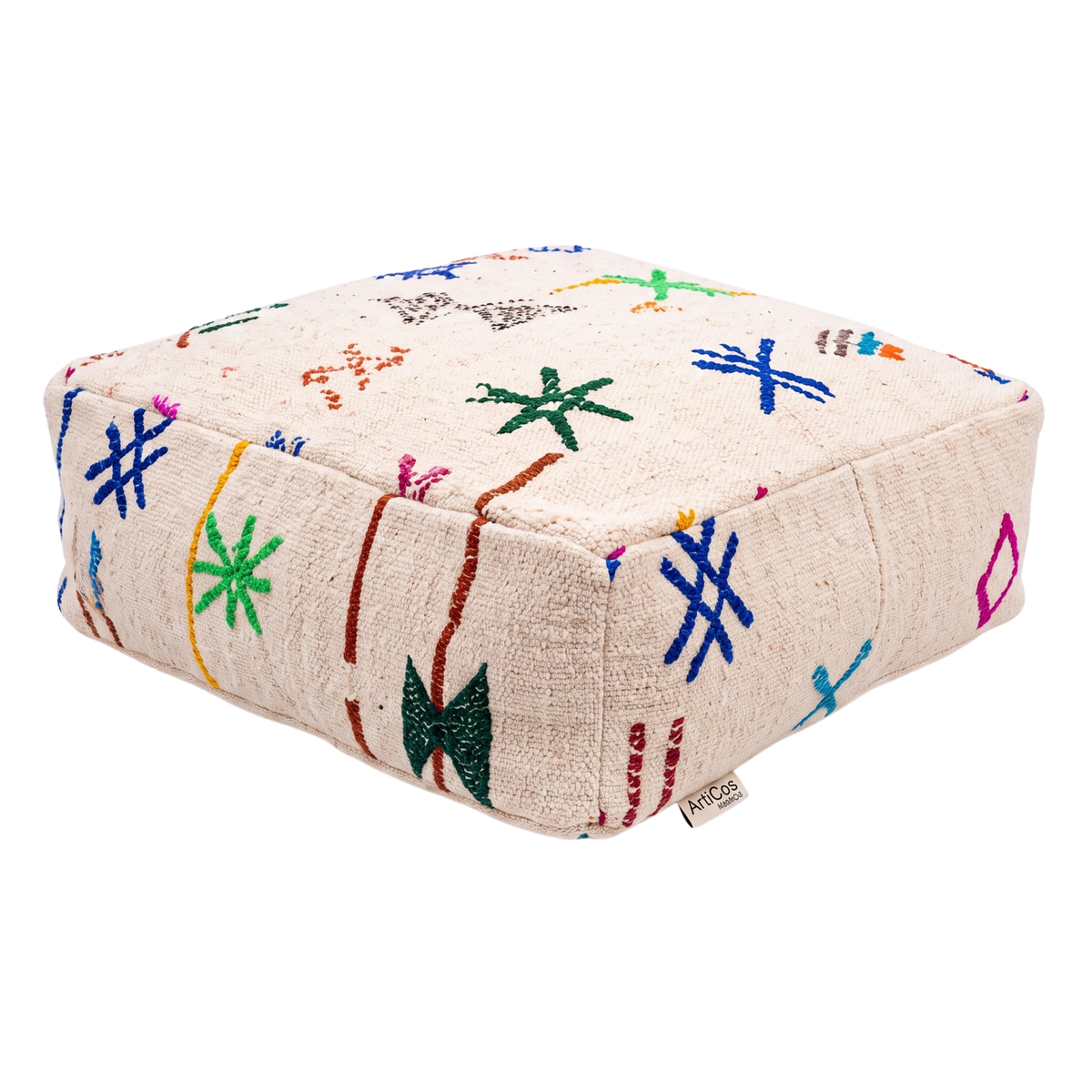 Embroidered Berber Floor Pouf 60x60x20 cm – Handmade Moroccan Cream Wool Floor Cushion with Multicolor Amazigh Symbols