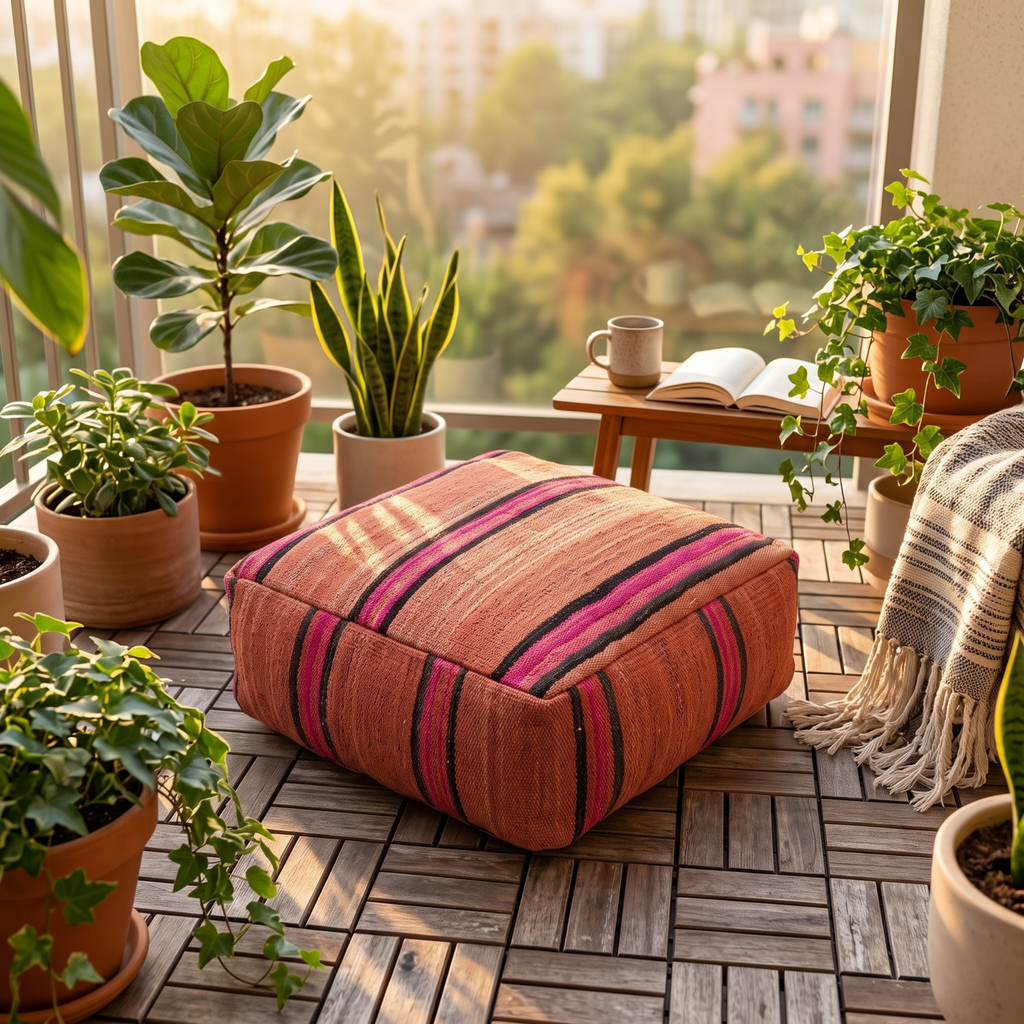 Square Kilim Berber Floor Pouf 60x60x20 cm – Handmade Moroccan Terracotta and Magenta Striped Ottoman