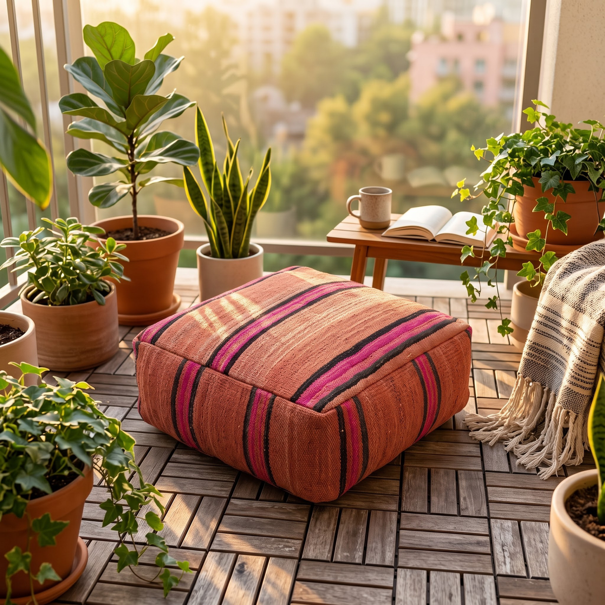 Square Kilim Berber Floor Pouf 60x60x20 cm – Handmade Moroccan Terracotta and Magenta Striped Ottoman