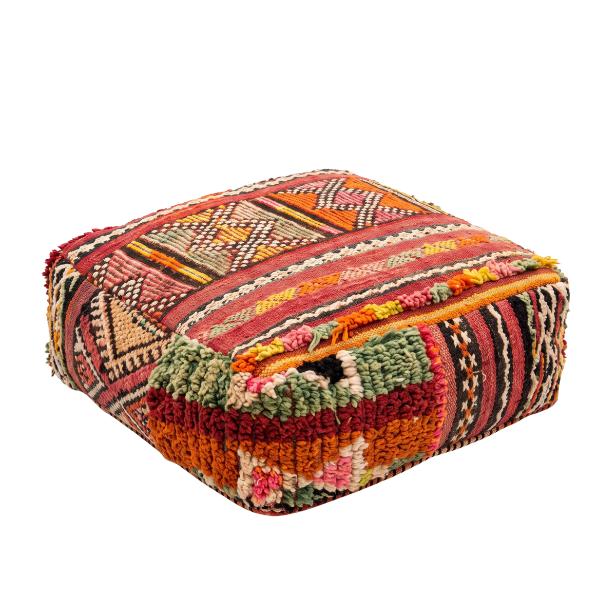 Vintage Boujad Berber Floor Pouf 60x60x20 cm – Handmade Moroccan Kilim and High-Pile Wool Square Cushion