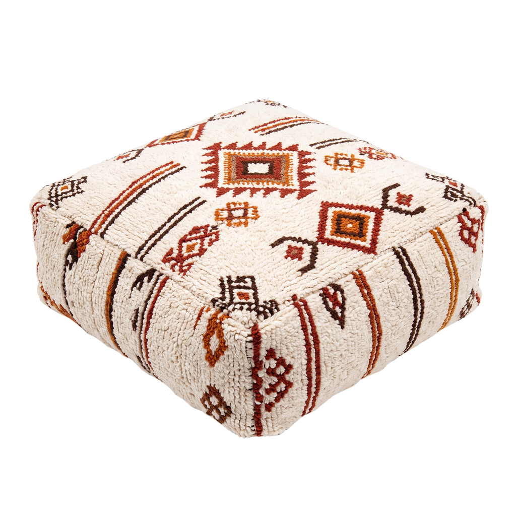 Beni Ourain Berber Floor Pouf 60x60x20 cm – Authentic Handmade Moroccan Cream Wool Cushion with Earthy Tribal Motifs