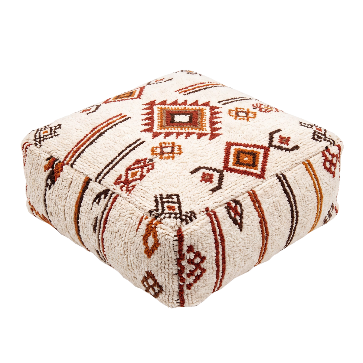 Beni Ourain Berber Floor Pouf 60x60x20 cm – Authentic Handmade Moroccan Cream Wool Cushion with Earthy Tribal Motifs