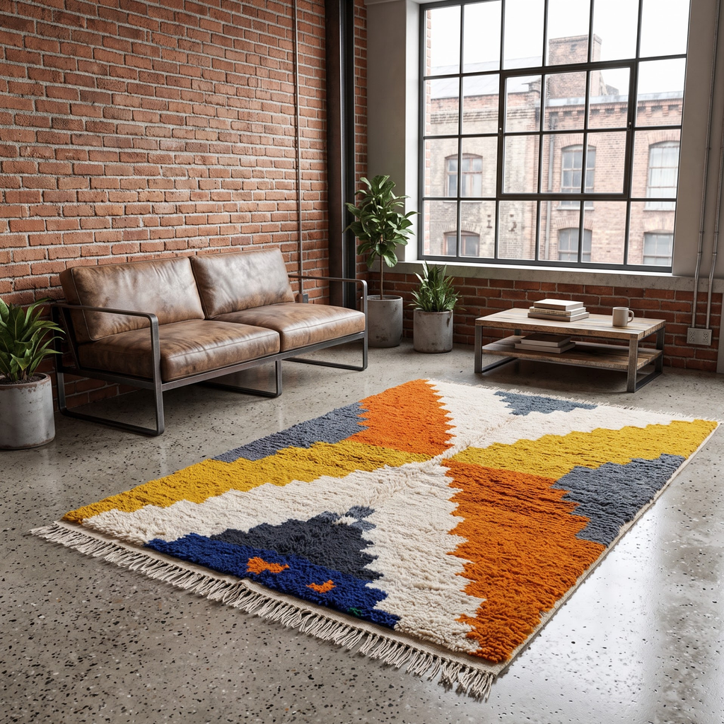 Handmade Moroccan Wool Rug Azilal Style | Stepped Geometric Diamond in Terracotta, Mustard & Slate Grey Atlas Carpet