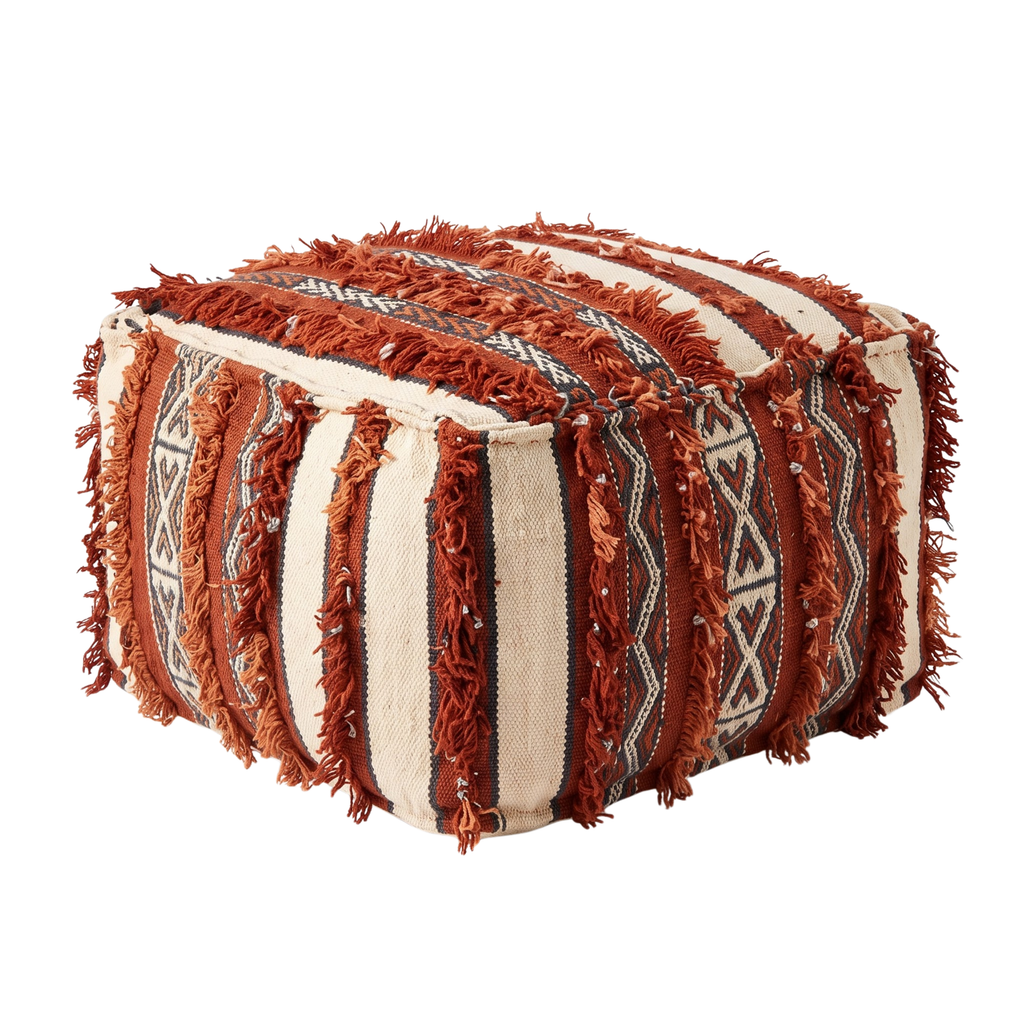Terracotta Berber Floor Pouf with Fringe (45×45 cm) – Authentic Handmade Moroccan Boho Ottoman