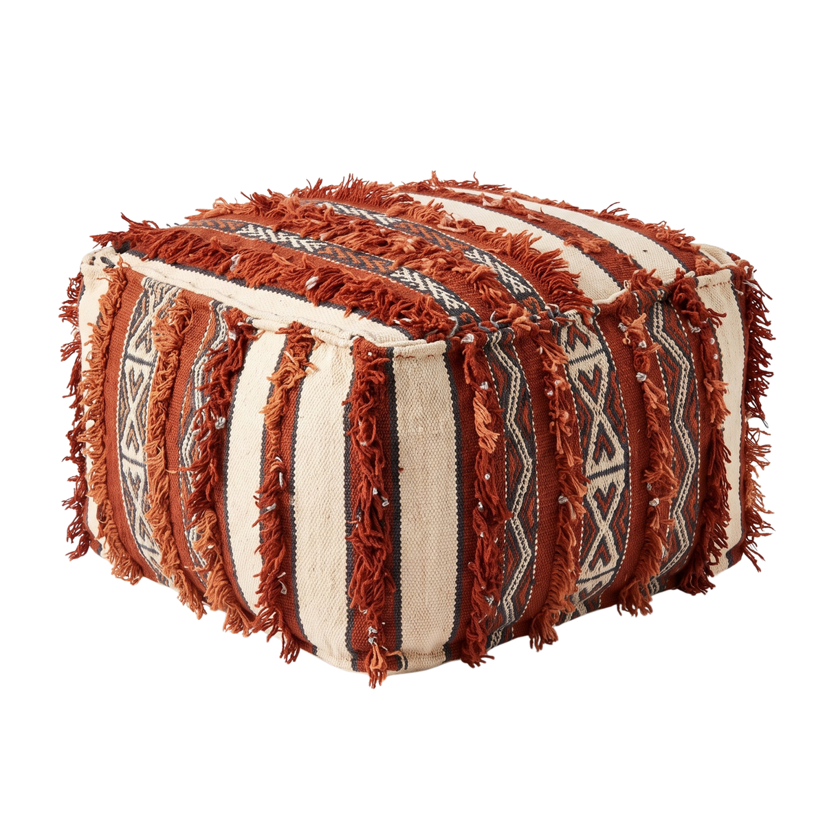 Terracotta Berber Floor Pouf with Fringe (45×45 cm) – Authentic Handmade Moroccan Boho Ottoman