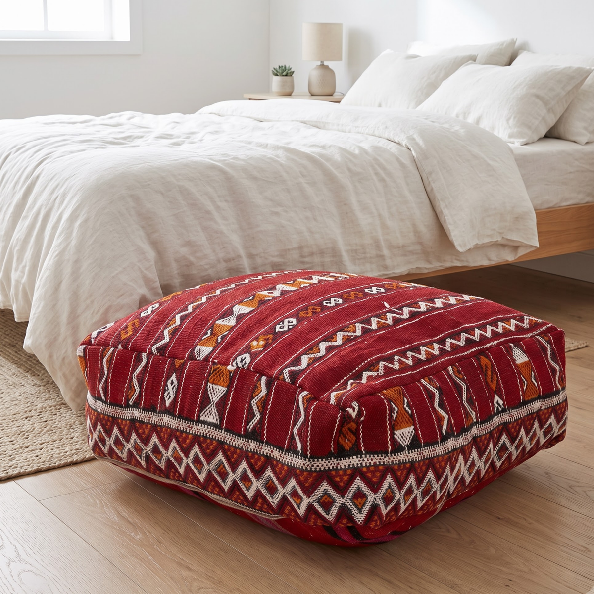 Deep Maroon Kilim Berber Floor Pouf 60x60x20 cm – Authentic Handmade Moroccan Floor Cushion with Tribal Diamond Border
