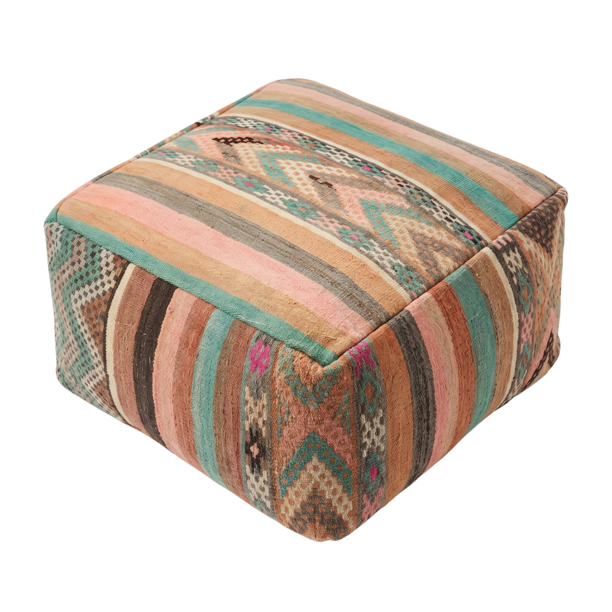 Vintage Pastel Kilim Berber Floor Pouf 60x60x20 cm – Handmade Moroccan Square Cushion with Turquoise, Pink Stripes and Tribal Medallion