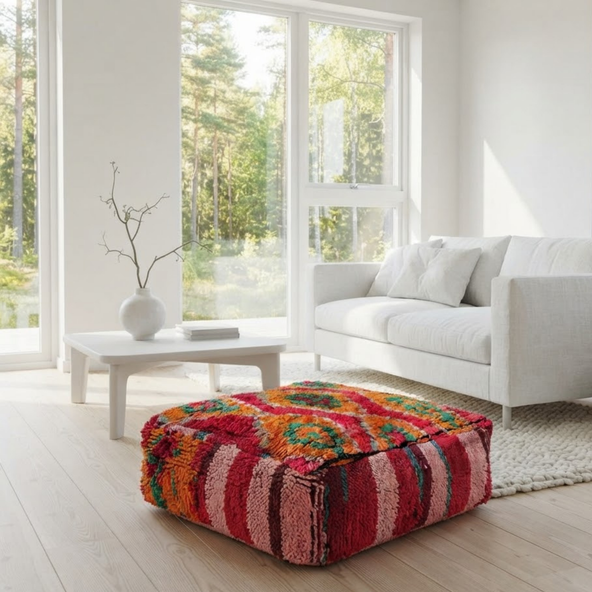 Vintage Red and Orange Boujad Berber Floor Pouf 60x60x20 cm – Handmade Moroccan Wool Floor Cushion with Plush Diamonds and Striped Sides