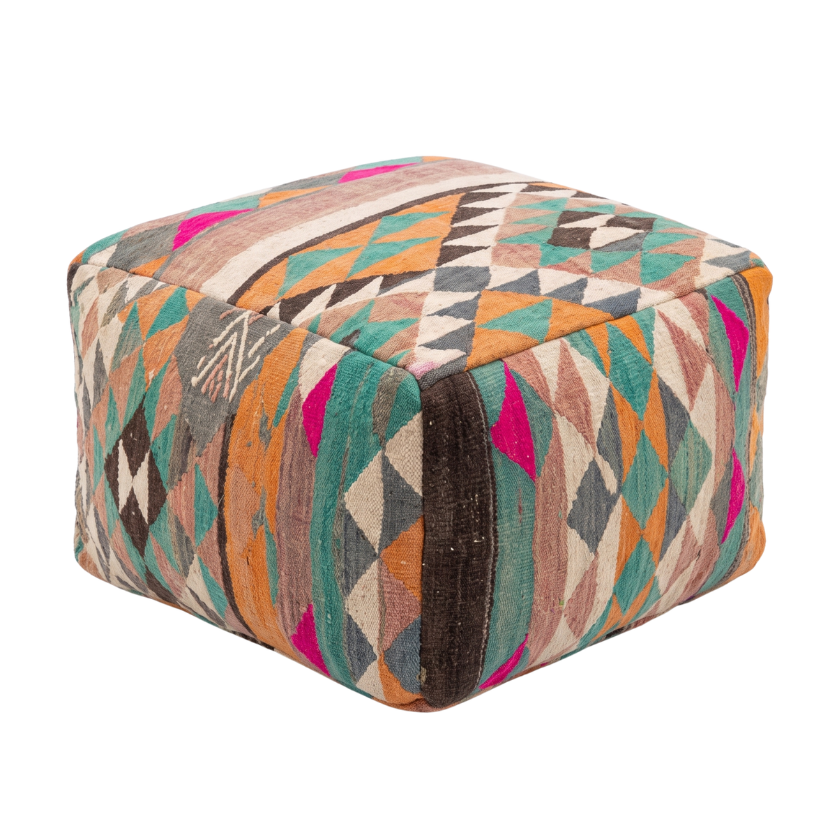 Multicolor Harlequin Kilim Berber Floor Pouf 60x60x20 cm – Authentic Handmade Moroccan Cube Cushion with Geometric Triangle Mosaic