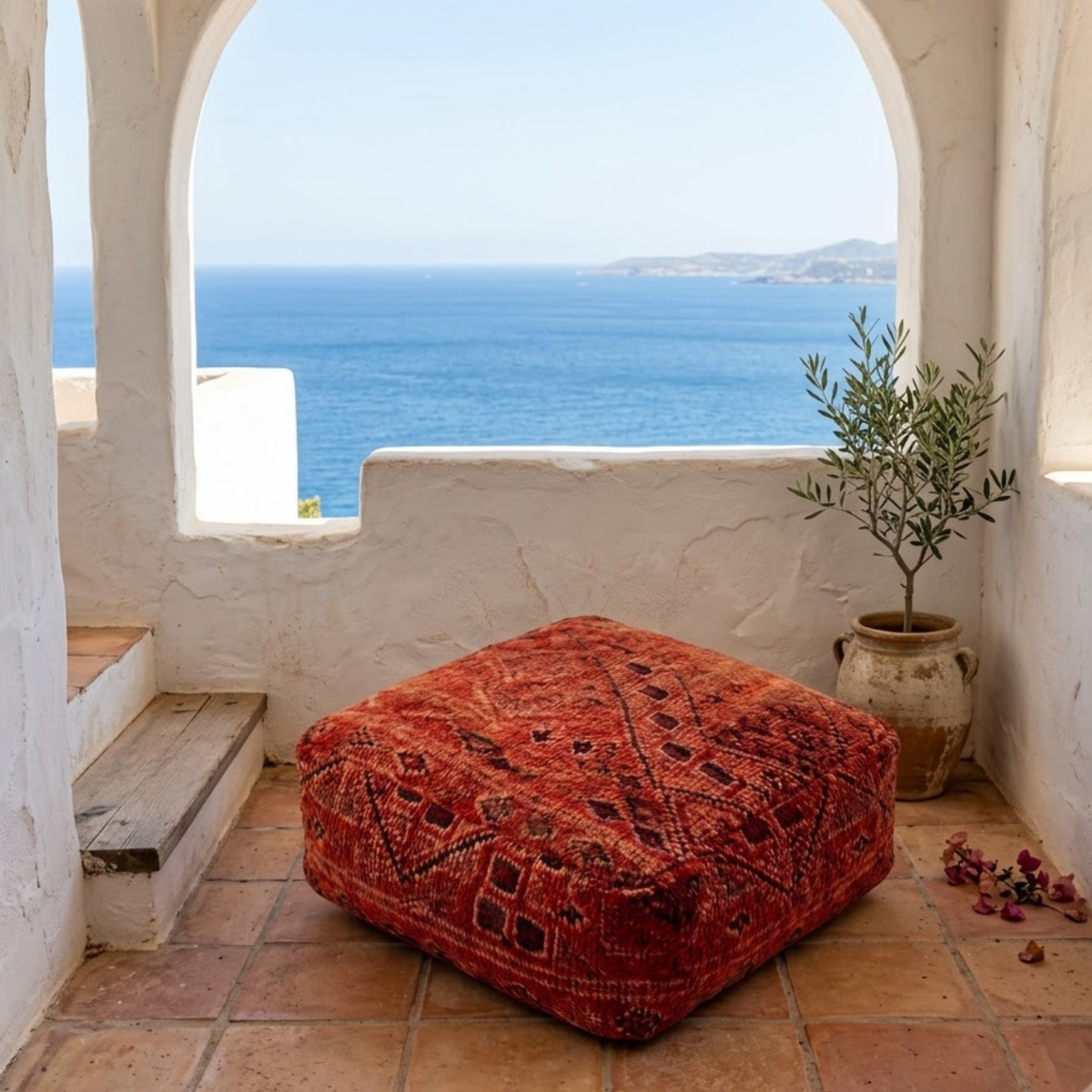 Vintage Rust Terracotta Boujad Berber Floor Pouf 60x60x20 cm – Authentic Handmade Moroccan Wool Floor Cushion