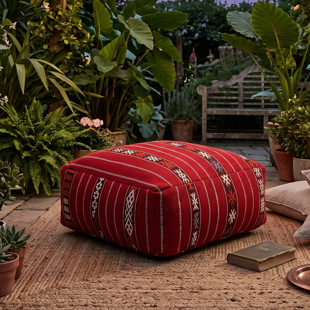 Crimson Red Kilim Berber Floor Pouf 60x60x20 cm – Handmade Moroccan Square Cushion with Tribal Geometric Motifs