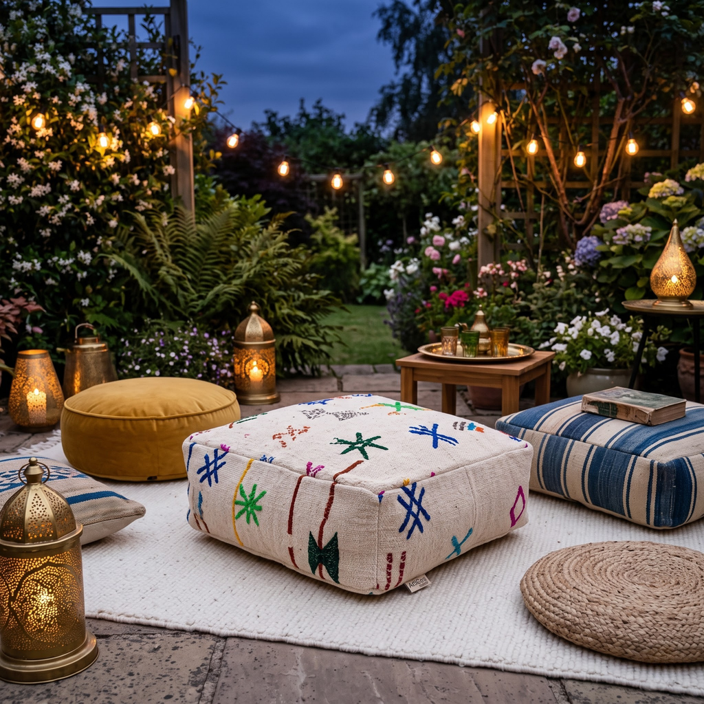 Embroidered Berber Floor Pouf 60x60x20 cm – Handmade Moroccan Cream Wool Floor Cushion with Multicolor Amazigh Symbols