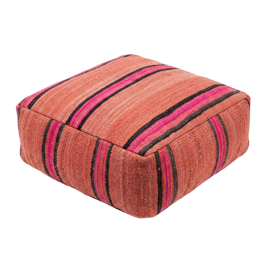 Square Kilim Berber Floor Pouf 60x60x20 cm – Handmade Moroccan Terracotta and Magenta Striped Ottoman
