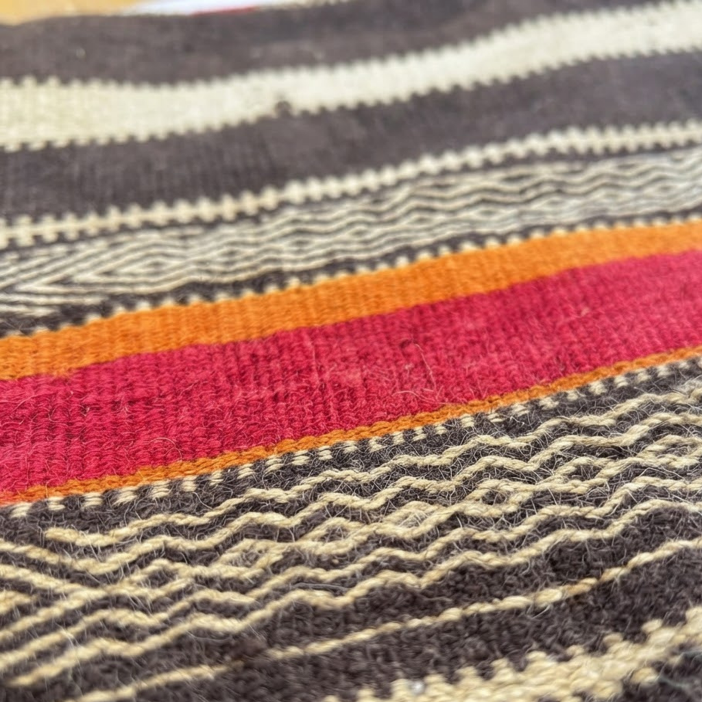 Dark Brown Kilim Berber Floor Pouf 60x60x20 cm – Handmade Moroccan Square Cushion with Cream Stripes and Warm Orange Band