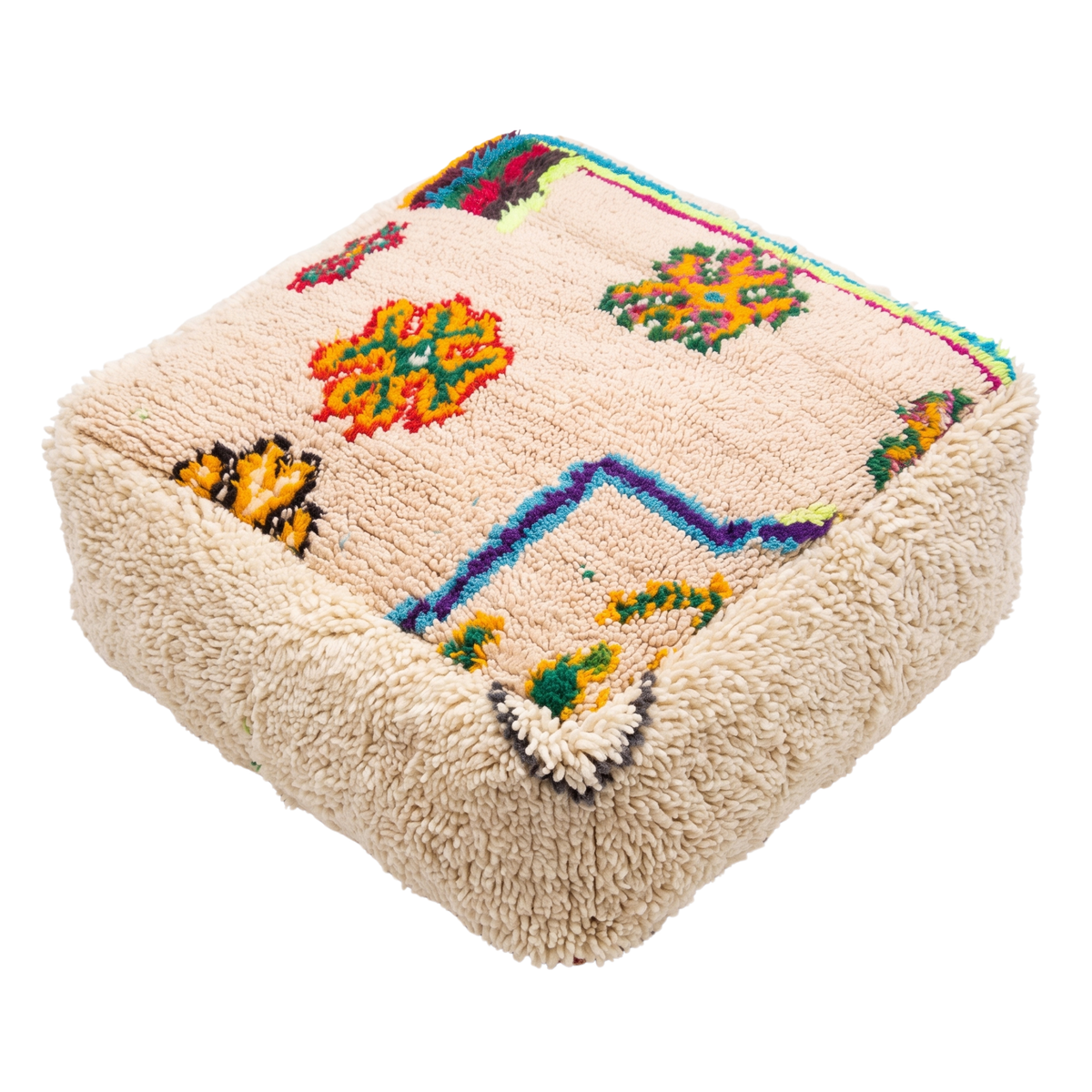 Multicolor Azilal Berber Floor Pouf 60x60x20 cm – Authentic Handmade Moroccan Cream Wool Cushion with High-Pile Shaggy Sides