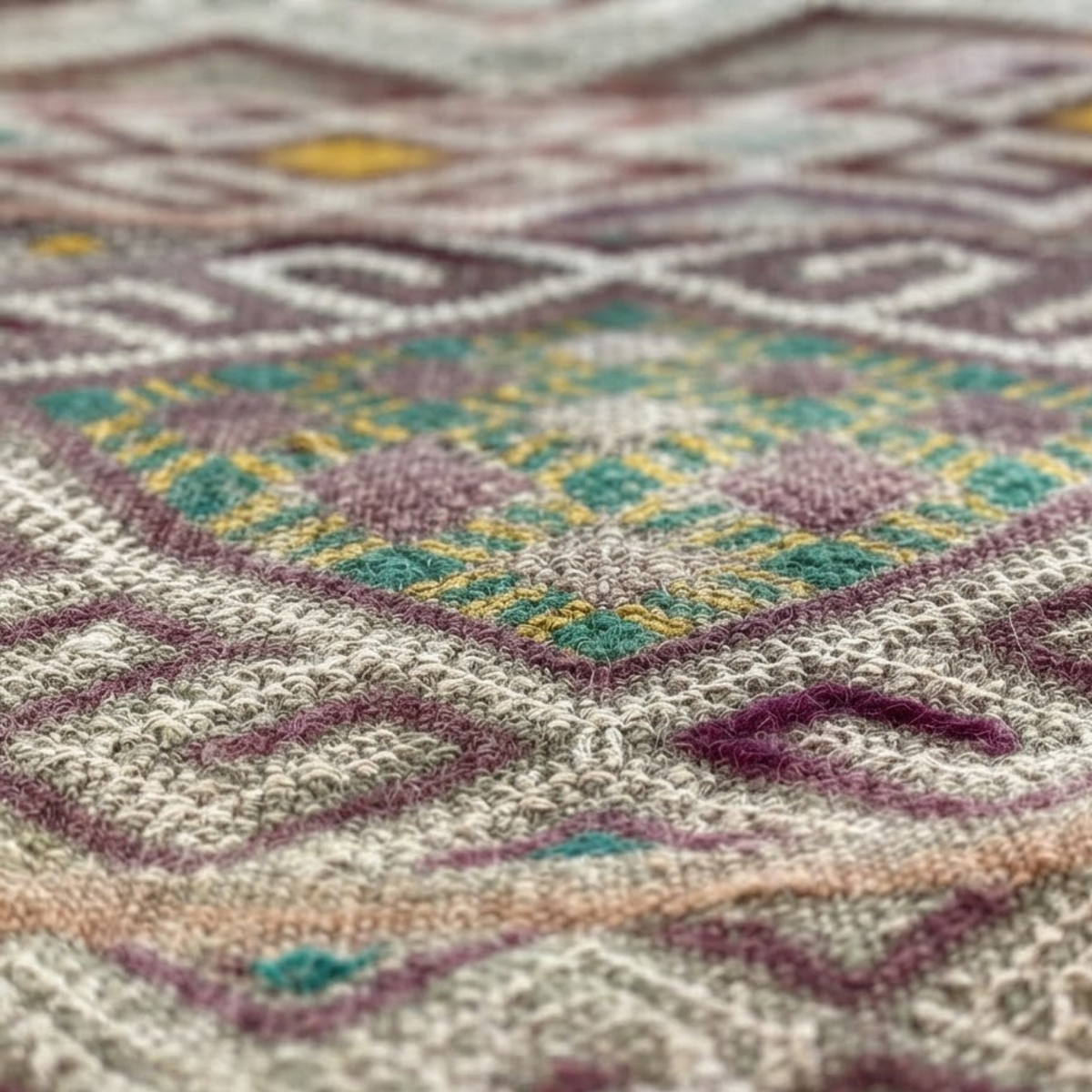 Vintage Lavender Kilim Berber Floor Pouf 60x60x20 cm – Handmade Moroccan Square Cushion with Muted Earth Tones and Diamond Cross Mosaic