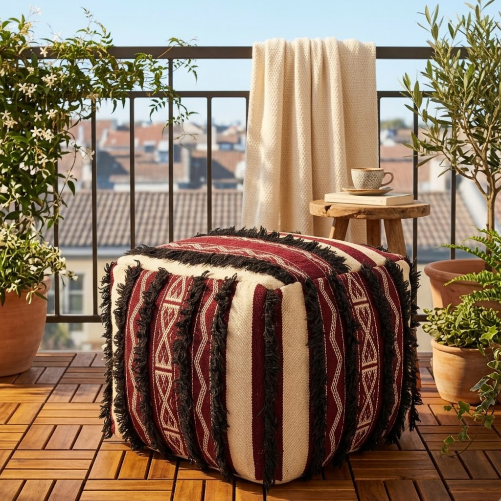 Burgundy and Cream Berber Floor Pouf with Black Fringe 45x45 cm – Authentic Handmade Moroccan Cube Ottoman