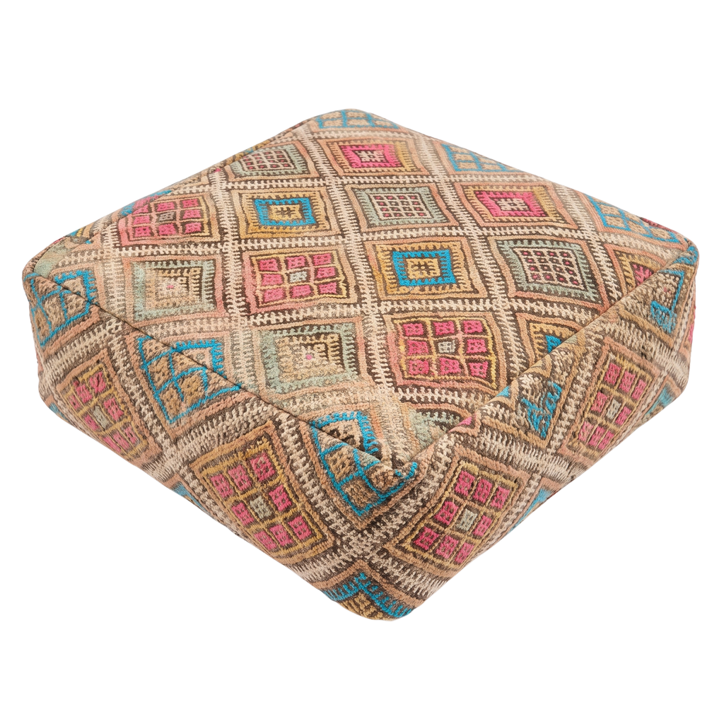 Vintage Geometric Kilim Berber Floor Pouf 60x60x20 cm – Handmade Moroccan Square Cushion with Pastel Diamond Grid