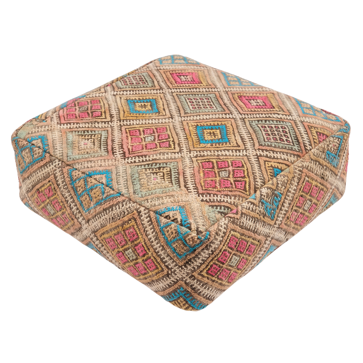 Vintage Geometric Kilim Berber Floor Pouf 60x60x20 cm – Handmade Moroccan Square Cushion with Pastel Diamond Grid