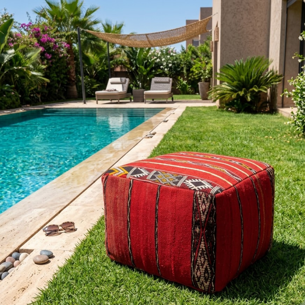Ruby Red Kilim Berber Floor Pouf 45x45 cm – Authentic Handmade Moroccan Cube Ottoman with Tribal Geometric Bands