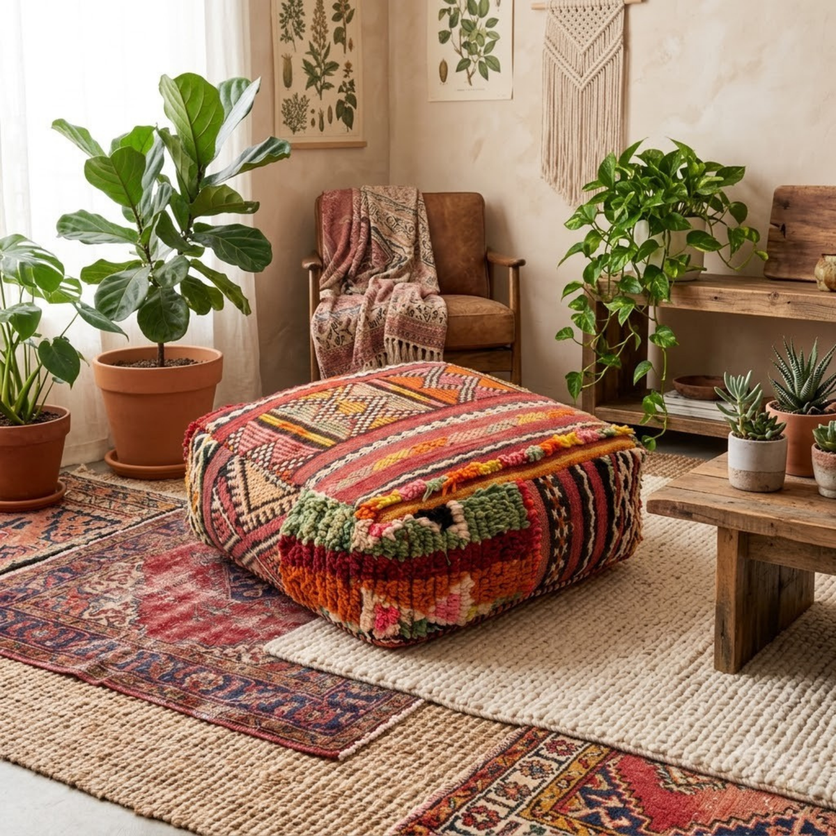 Vintage Boujad Berber Floor Pouf 60x60x20 cm – Handmade Moroccan Kilim and High-Pile Wool Square Cushion