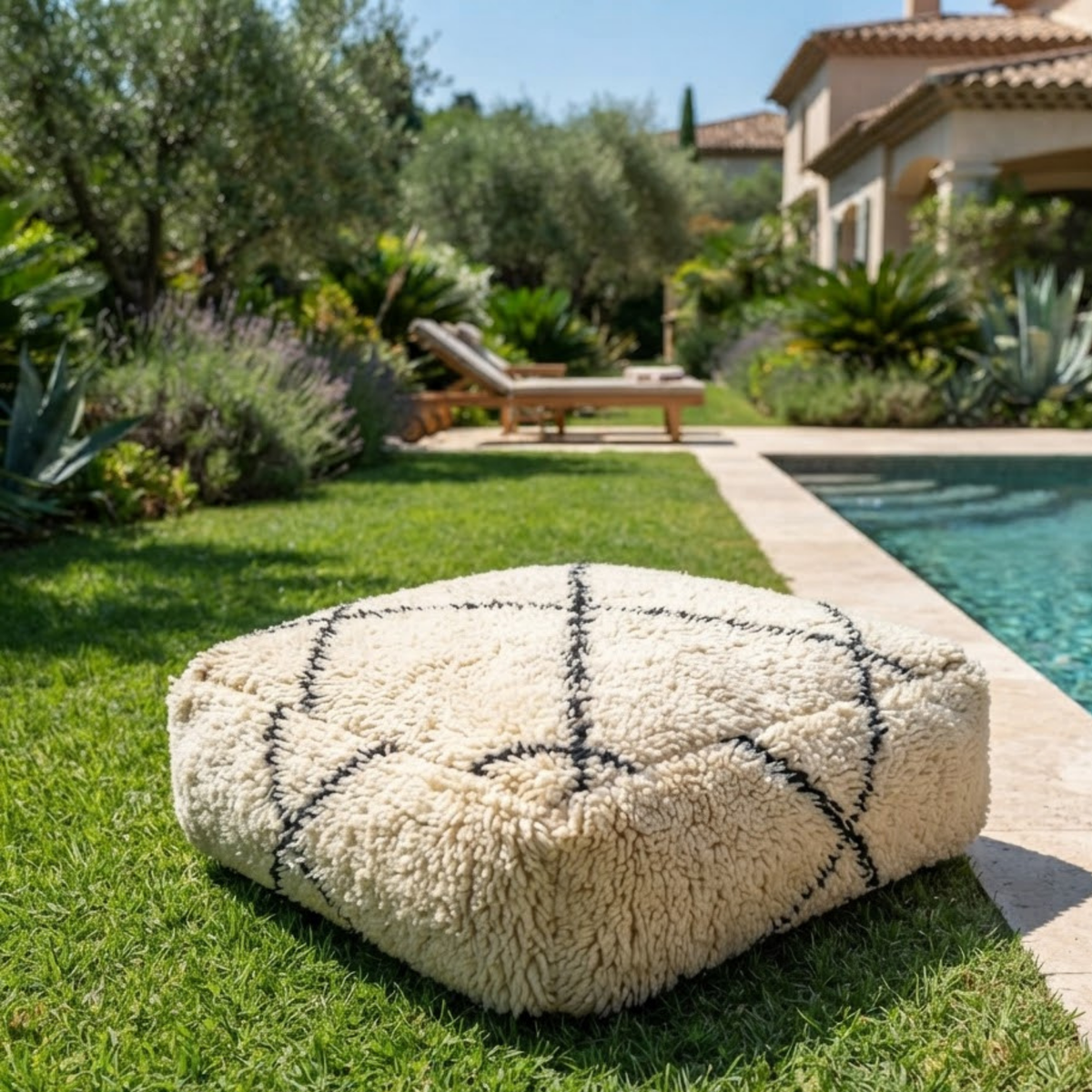 Beni Ourain Berber Floor Pouf 60x60x20 cm – Authentic Handmade Moroccan Shaggy Wool Cushion in Cream and Charcoal Black