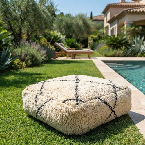 Beni Ourain Berber Floor Pouf 60x60x20 cm – Authentic Handmade Moroccan Shaggy Wool Cushion in Cream and Charcoal Black