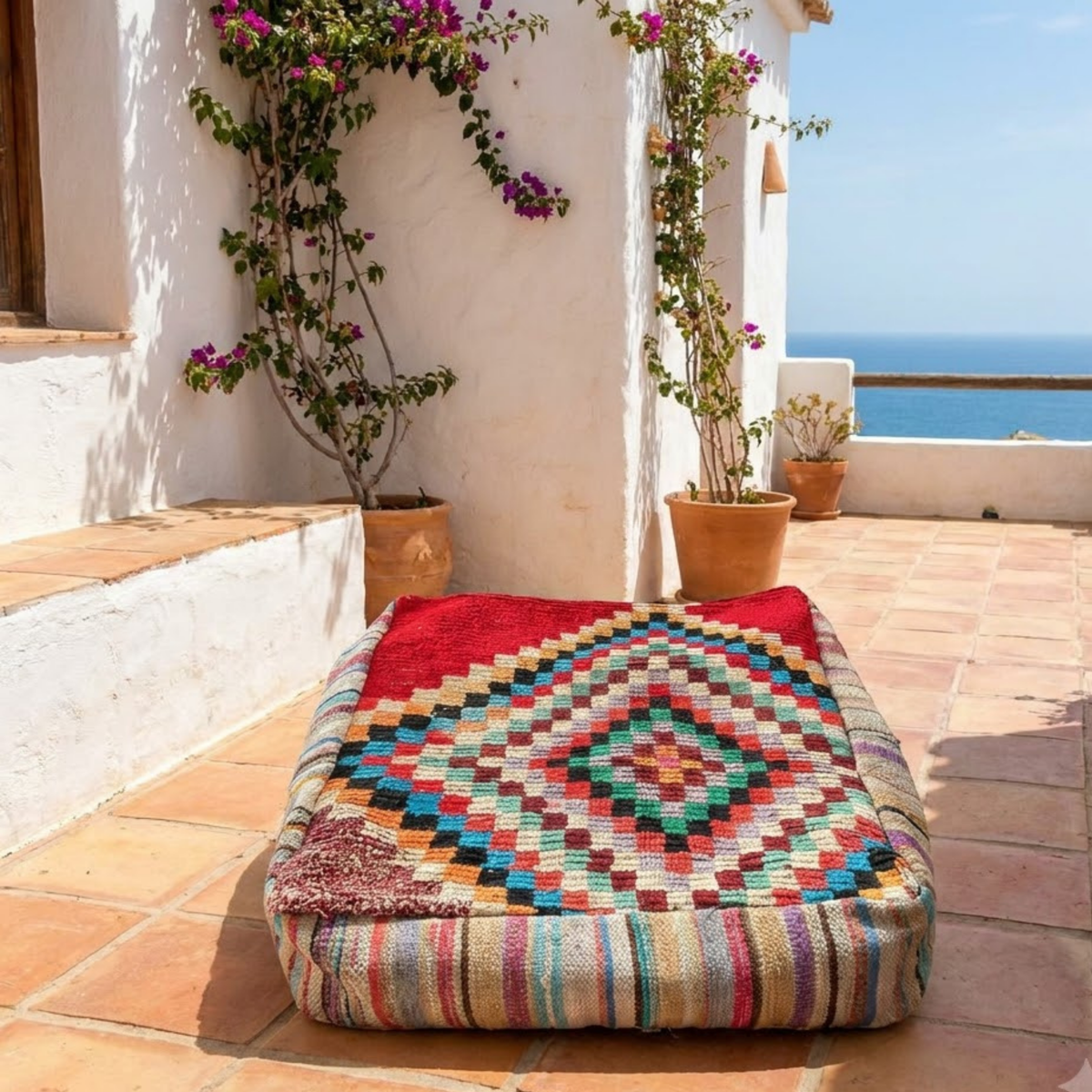 Multicolor Boujad Berber Floor Pouf 60x60x20 cm – Handmade Moroccan Square Cushion with Concentric Diamond Mosaic and Striped Sides