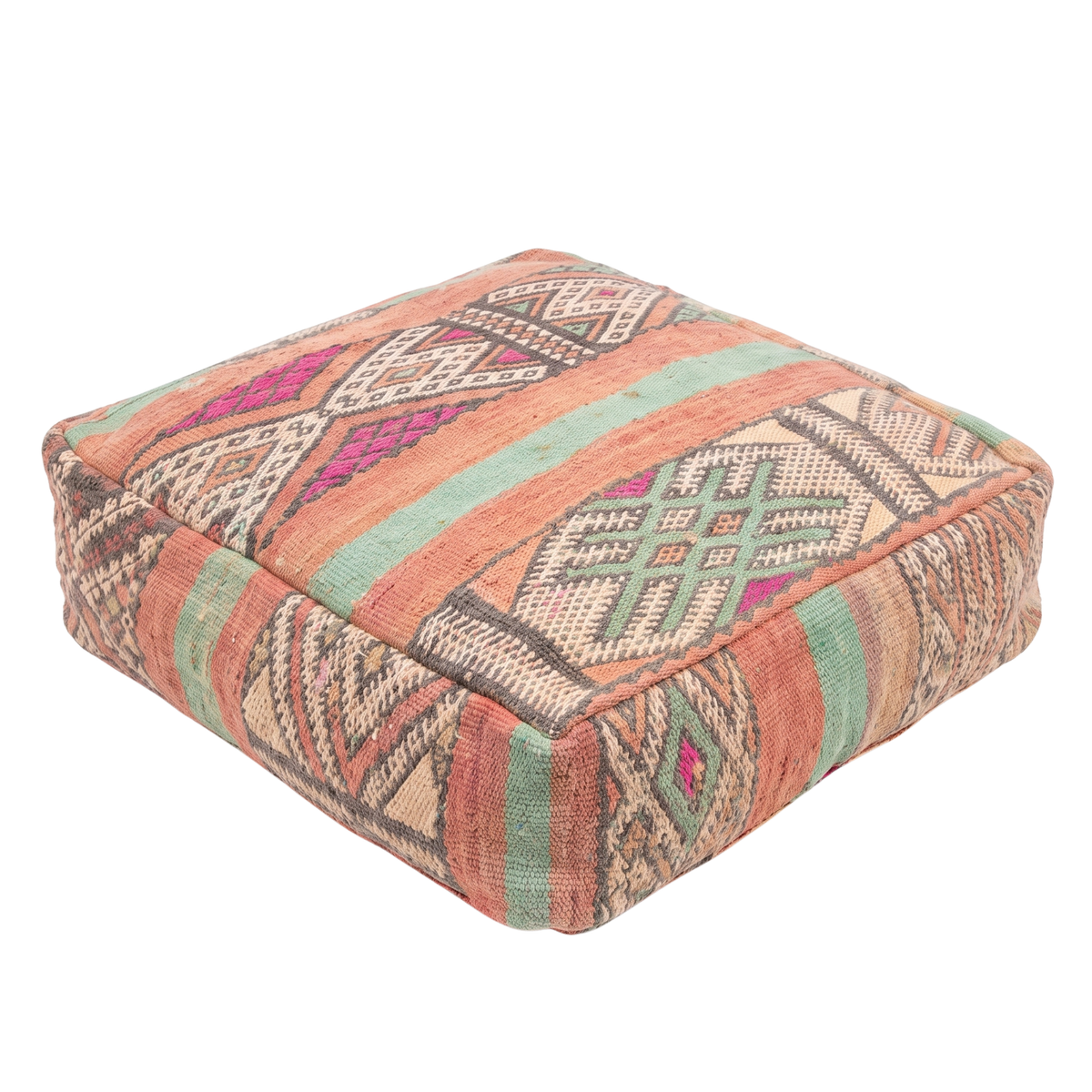 Vintage Pastel Kilim Berber Floor Pouf 60x60x20 cm – Handmade Moroccan Square Cushion with Peach, Mint Stripes and Diamond Medallions