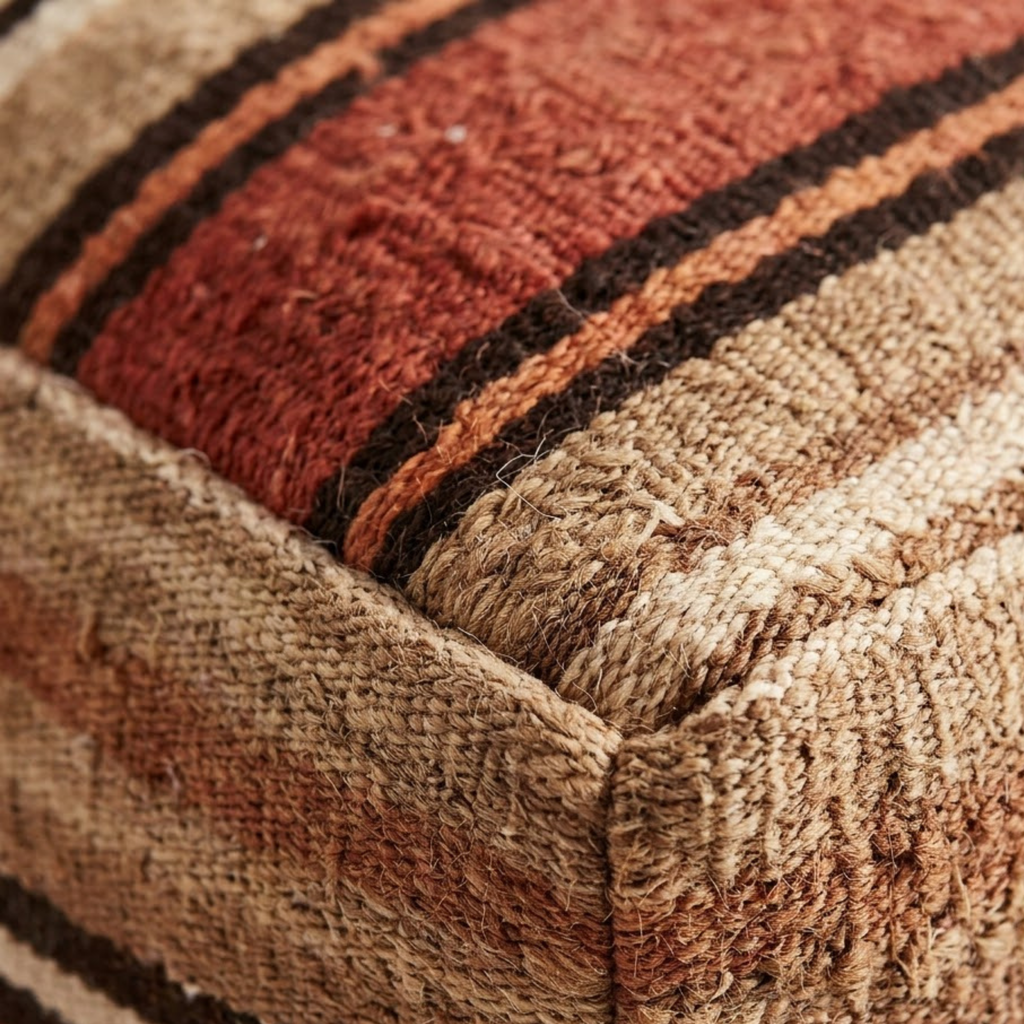 Earth Tone Striped Kilim Berber Floor Pouf 60x60x20 cm – Handmade Moroccan Square Terracotta and Beige Cushion