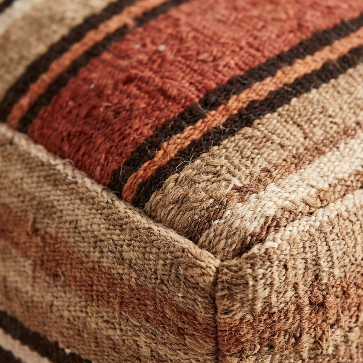 Earth Tone Striped Kilim Berber Floor Pouf 60x60x20 cm – Handmade Moroccan Square Terracotta and Beige Cushion