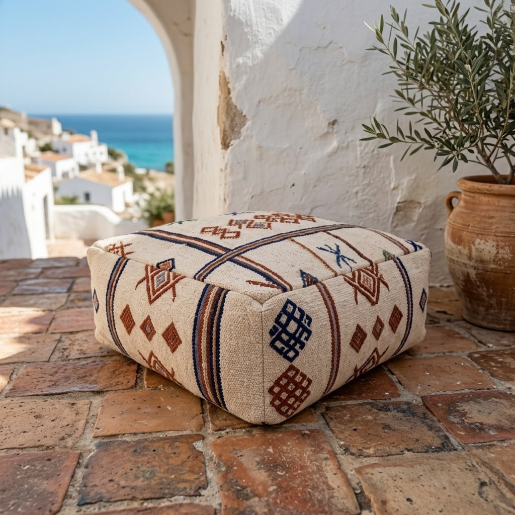 Embroidered Cream Berber Floor Pouf 60x60x20 cm – Handmade Moroccan Square Cushion with Terracotta and Indigo Amazigh Motifs