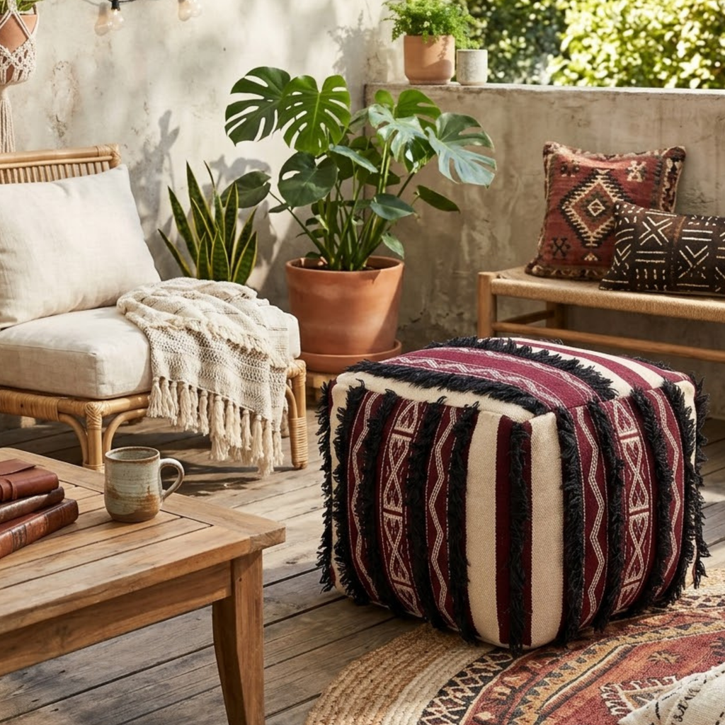 Burgundy and Cream Berber Floor Pouf with Black Fringe 45x45 cm – Authentic Handmade Moroccan Cube Ottoman