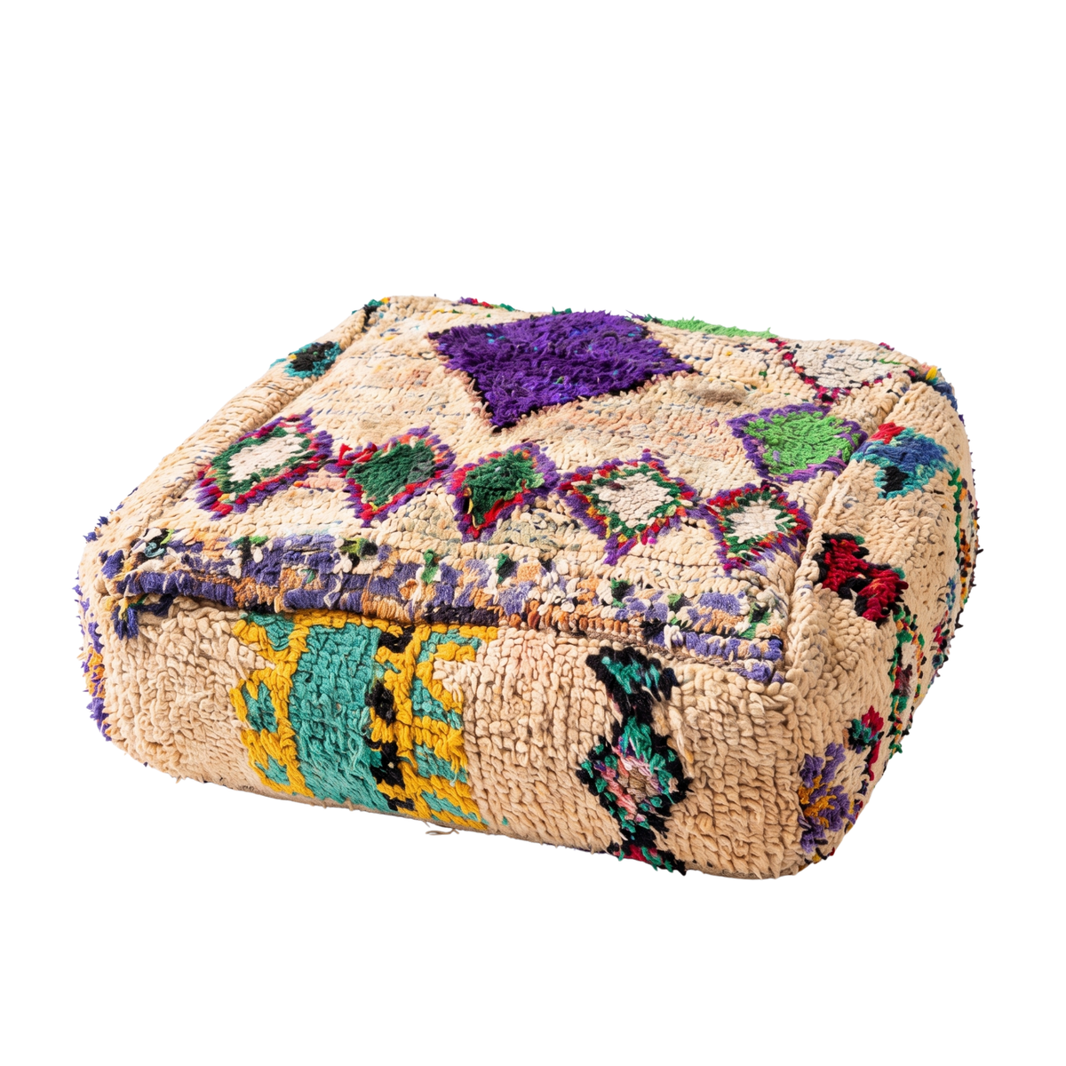 Vintage Shaggy Boujad Berber Floor Pouf 60x60x20 cm – Authentic Handmade Moroccan High-Pile Wool Cushion with Purple Diamond