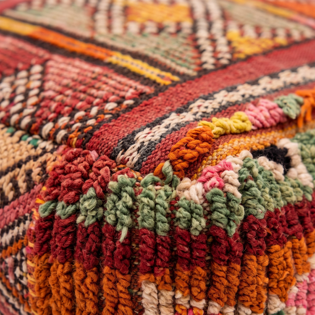 Vintage Boujad Berber Floor Pouf 60x60x20 cm – Handmade Moroccan Kilim and High-Pile Wool Square Cushion
