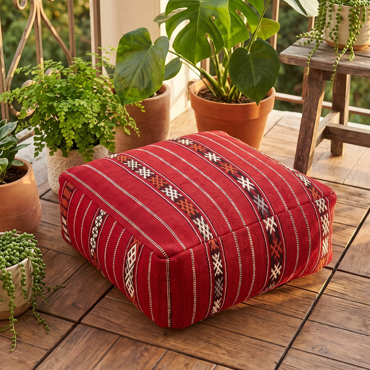 Crimson Red Kilim Berber Floor Pouf 60x60x20 cm – Handmade Moroccan Square Cushion with Tribal Geometric Motifs