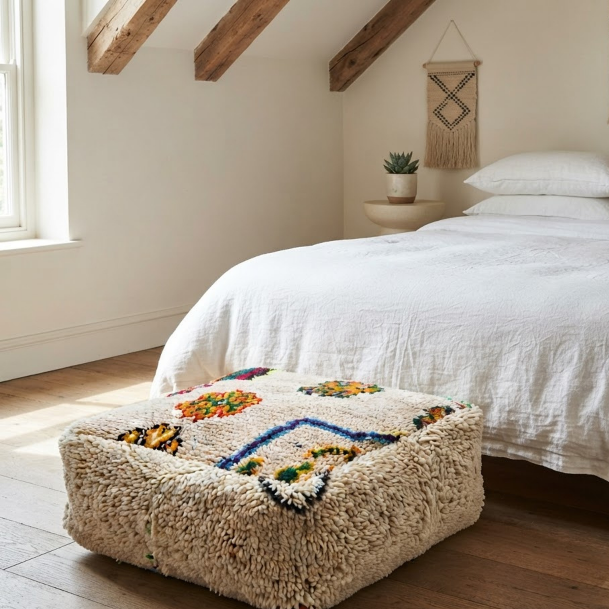 Multicolor Azilal Berber Floor Pouf 60x60x20 cm – Authentic Handmade Moroccan Cream Wool Cushion with High-Pile Shaggy Sides