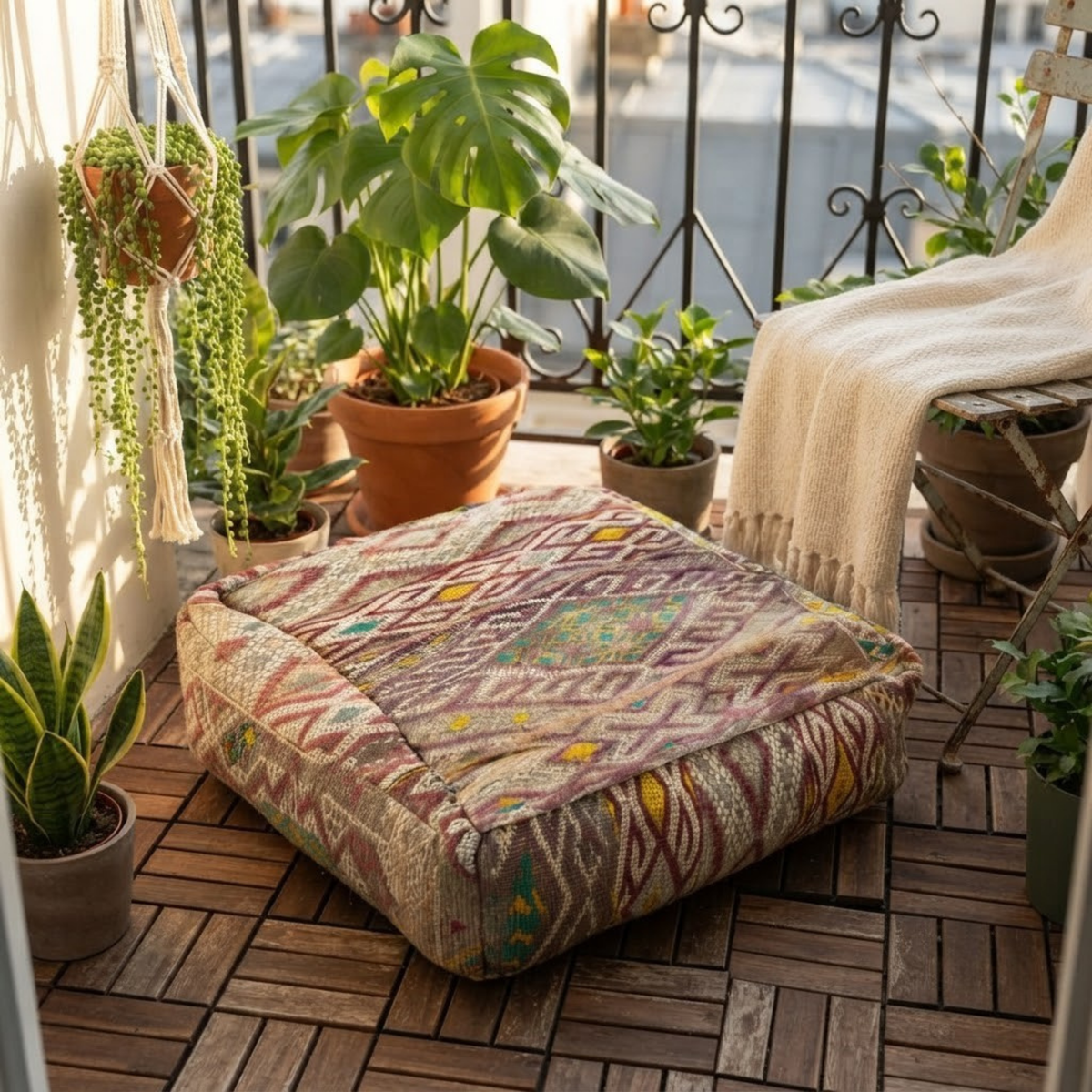 Vintage Lavender Kilim Berber Floor Pouf 60x60x20 cm – Handmade Moroccan Square Cushion with Muted Earth Tones and Diamond Cross Mosaic