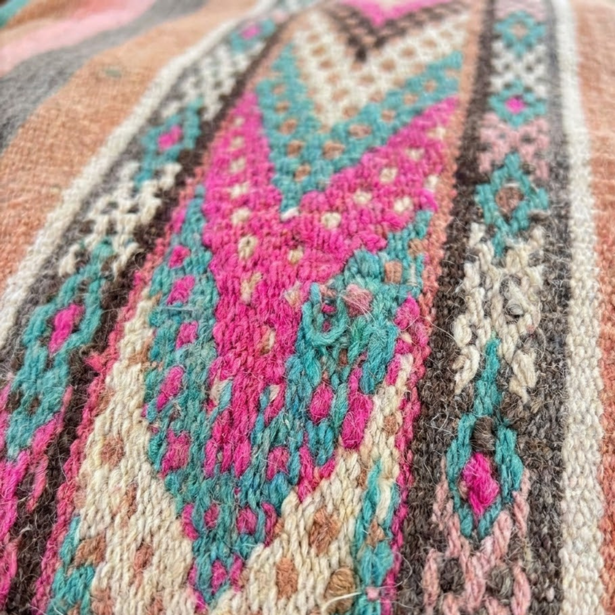 Vintage Pastel Kilim Berber Floor Pouf 60x60x20 cm – Handmade Moroccan Square Cushion with Turquoise, Pink Stripes and Tribal Medallion